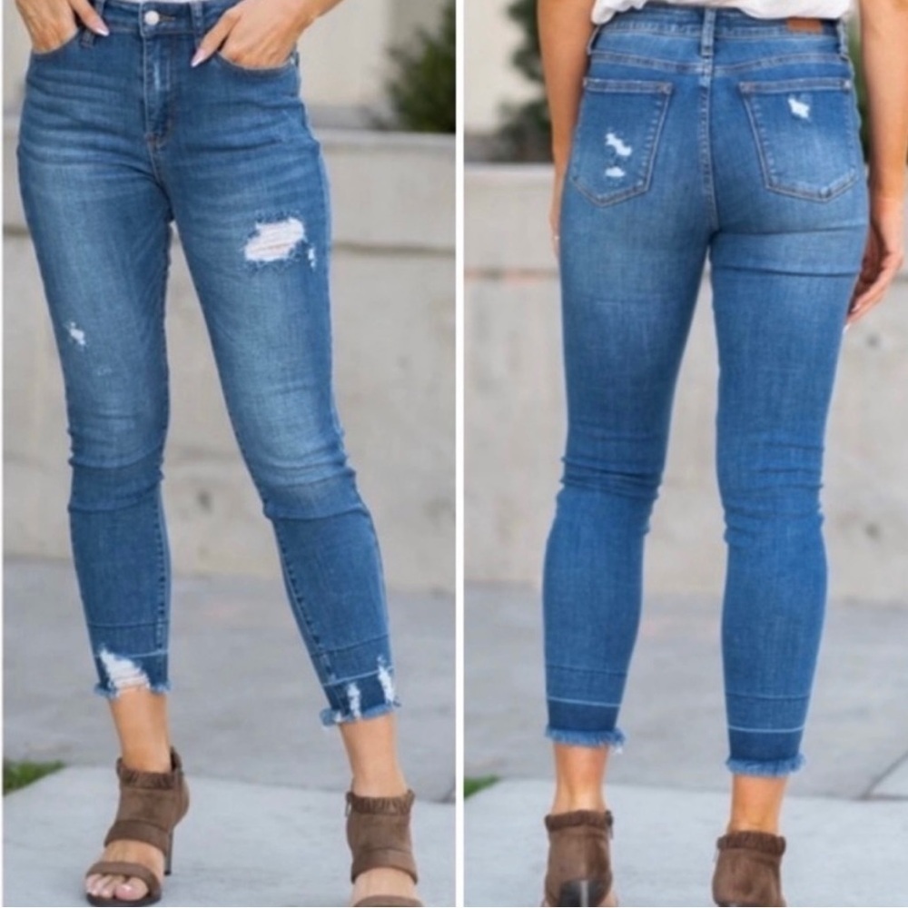 Judy Blue Distressed Skinny Fit Jeans Raw Hem Size 11/30